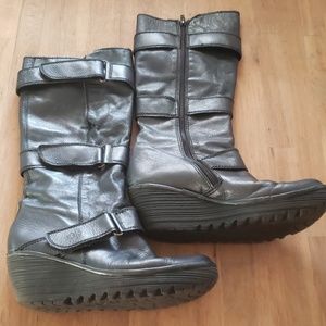 Fly London Black Leather Futuristic Wedge Boots